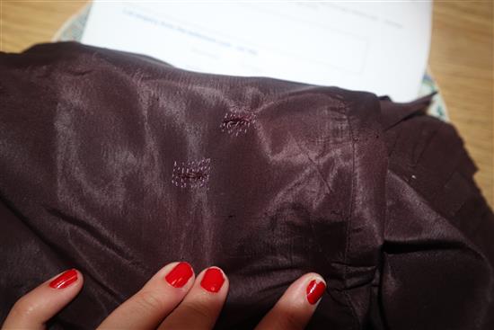 A 19th century deep burgundy silk ladies two piece, an embroidered petit point shawl and a fine silk organza shawl